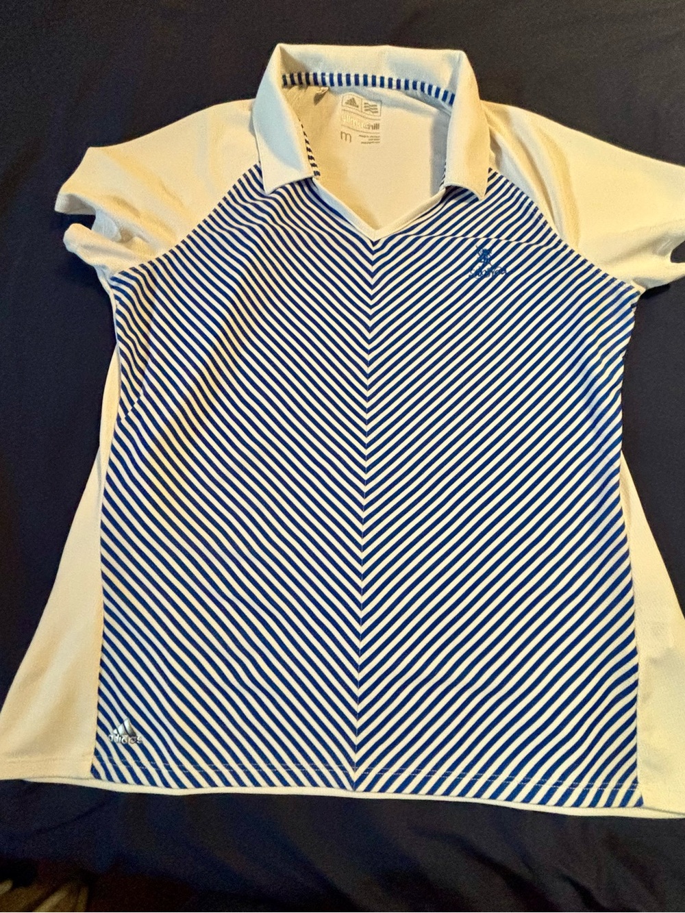 adidas White & Blue Striped V-Neck Polo Top